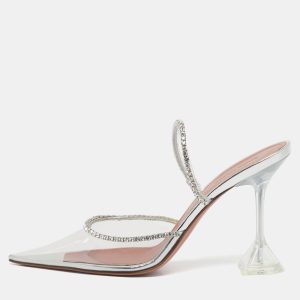 Amina Muaddi Silver PVC Gilda Glass Heel Mules Size 40, Sandals - Luxury Closet
