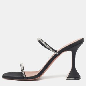 Amina Muaddi Black Satin Crystal Embellished Gilda Slide Sandals Size 39.5, Sandals - Luxury Closet