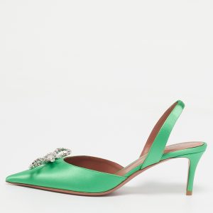 Amina Muaddi Green Satin Rosie Slingback Pumps Size 37, Pumps - Luxury Closet