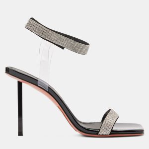 Amina Muaddi Rih Black Patent White Crystal Mesh Black Lacquer Metal Heel Size 36, Sandals - Luxury Closet