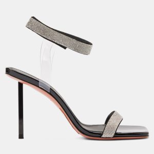 Amina Muaddi Rih Black Patent White Crystal Mesh Black Lacquer Metal Heel 95 Mm EU 38, Sandals - Luxury Closet