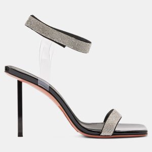 Amina Muaddi Rih Black Patent White Crystal Mesh Black Lacquer Metal Heel 95 Mm EU 39, Sandals - Luxury Closet