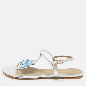 Anya Hindmarch Silver Leather Ankle Strap Flat Sandals Size 36, Sandals - Luxury Closet