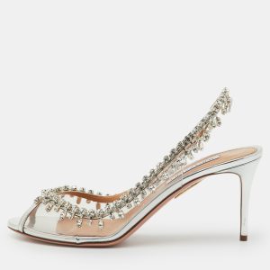 Aquazzura Transparent/Silver PVC and Leather Temptation Crystal Slingback Pumps Size 40, Pumps - Luxury Closet