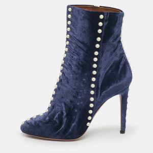 Aquazzura Navy Blue Velvet Follie Pearls Ankle Boots Size 39.5, Boots - Luxury Closet