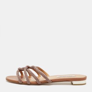 Aquazzura Brown Leather Crystal Embellish Flat Slide Size 41, Sandals - Luxury Closet