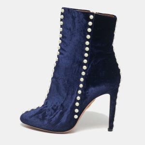 Aquazzura Navy Blue Velvet Follie Pearls Ankle Boots Size 36.5, Boots - Luxury Closet