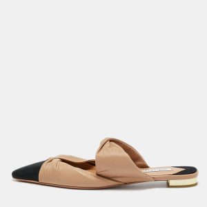 Aquazzura Beige/Black Leather and Fabric Twist Cap Toe Mules Size 38, Sandals - Luxury Closet