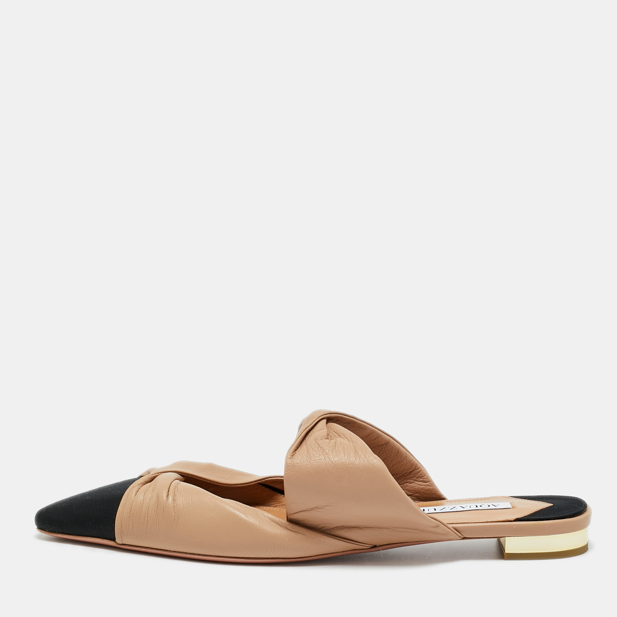 Aquazzura Beige/Black Leather and Fabric Twist Cap Toe Mules Size 38, Sandals - Luxury Closet