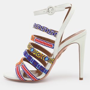 Aquazzura White Beads and Leather Strappy Ankle Strap Sandals Size 38.5, Sandals - Luxury Closet