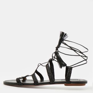 Aquazzura Black Braided Leather Stromboli Gladiator Flat Sandals Size 38.5, Sandals - Luxury Closet
