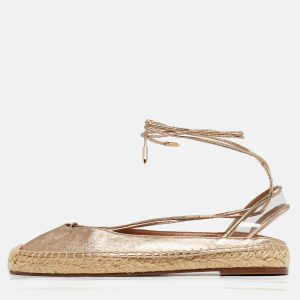 Aquazzura Gold Leather and PVC  Ankle Wrap Espadrille Flat Size 35.5, Flats - Luxury Closet