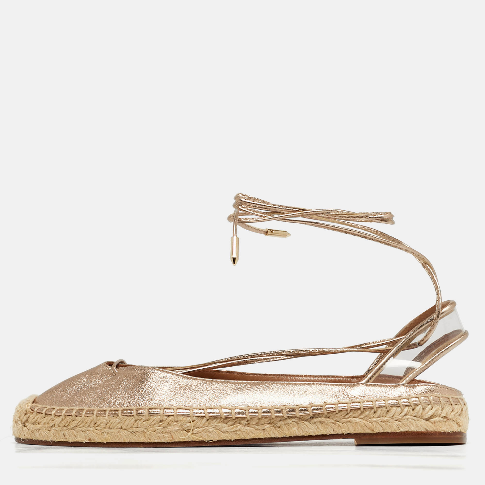 Aquazzura Gold Leather and PVC Ankle Wrap Espadrille Flat Size 35.5, Flats - Luxury Closet