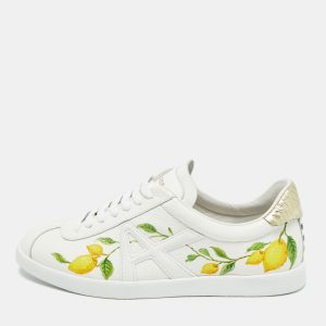Aquazzura White/Gold Leather and Snakeskin Embossed A Lemon-print Lace Up Sneakers Size 36.5, Athletic Shoes & Sneakers - Luxury Closet