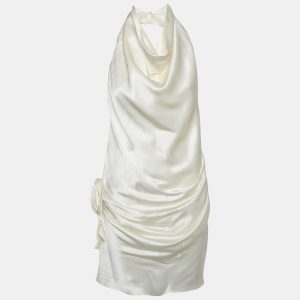 Arcina Ori Cream Satin Halter Neck Dress M, Dresses - Luxury Closet