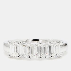 1.500 cts Emerald Lab Grown Diamond 14k White Gold 5 Stone Wedding Band US 7, Rings - Luxury Closet