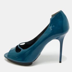 Balenciaga Peacock Blue Patent Leather Platform Peep Toe Pumps Size 39, Pumps - Luxury Closet