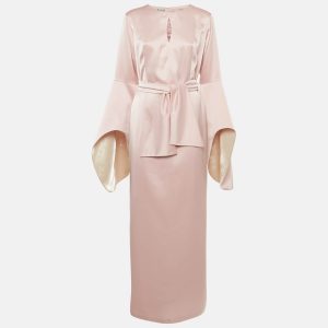 Baruni Pink Satin Sleeve Detail Belted Alchemilla Maxi Dress XL, Dresses - Luxury Closet