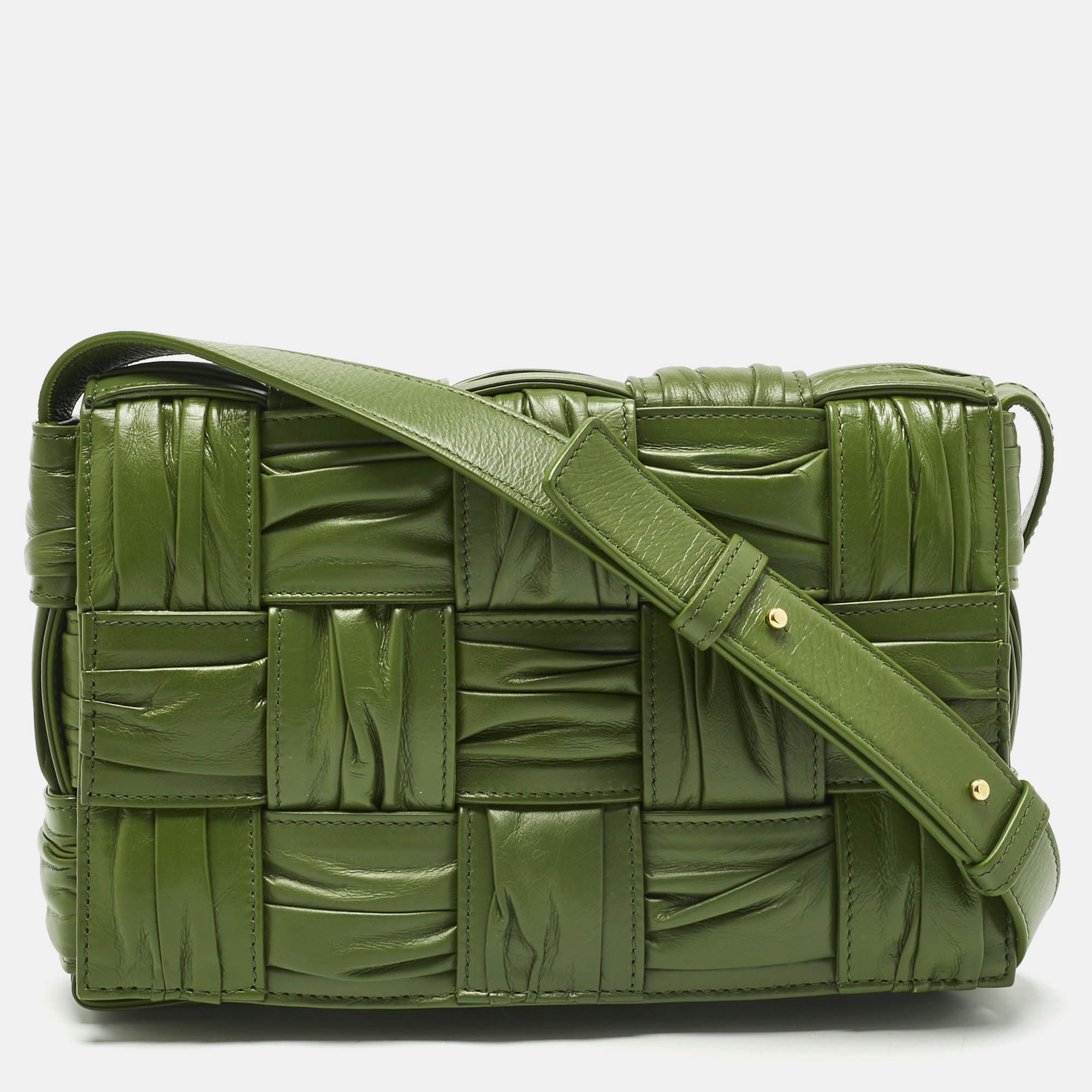Bottega Veneta Green Plisse Intreccio Leather Cassette Shoulder Bag, Shoulder Bags - Luxury Closet