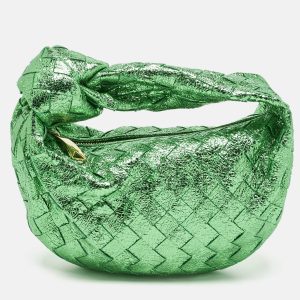 Bottega Veneta Metallic Green Intrecciato Leather Mini Jodie Hobo, Shoulder Bags - Luxury Closet