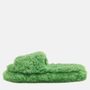 Bottega Veneta Green Shearling Fur Flat Sandals Size 40, Sandals - Luxury Closet