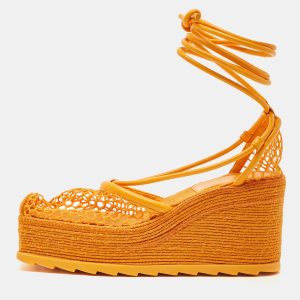 Bottega Veneta Orange Mesh and Leather Wedge Espadrilles Ankle Tie Sandals Size 36, Sandals - Luxury Closet