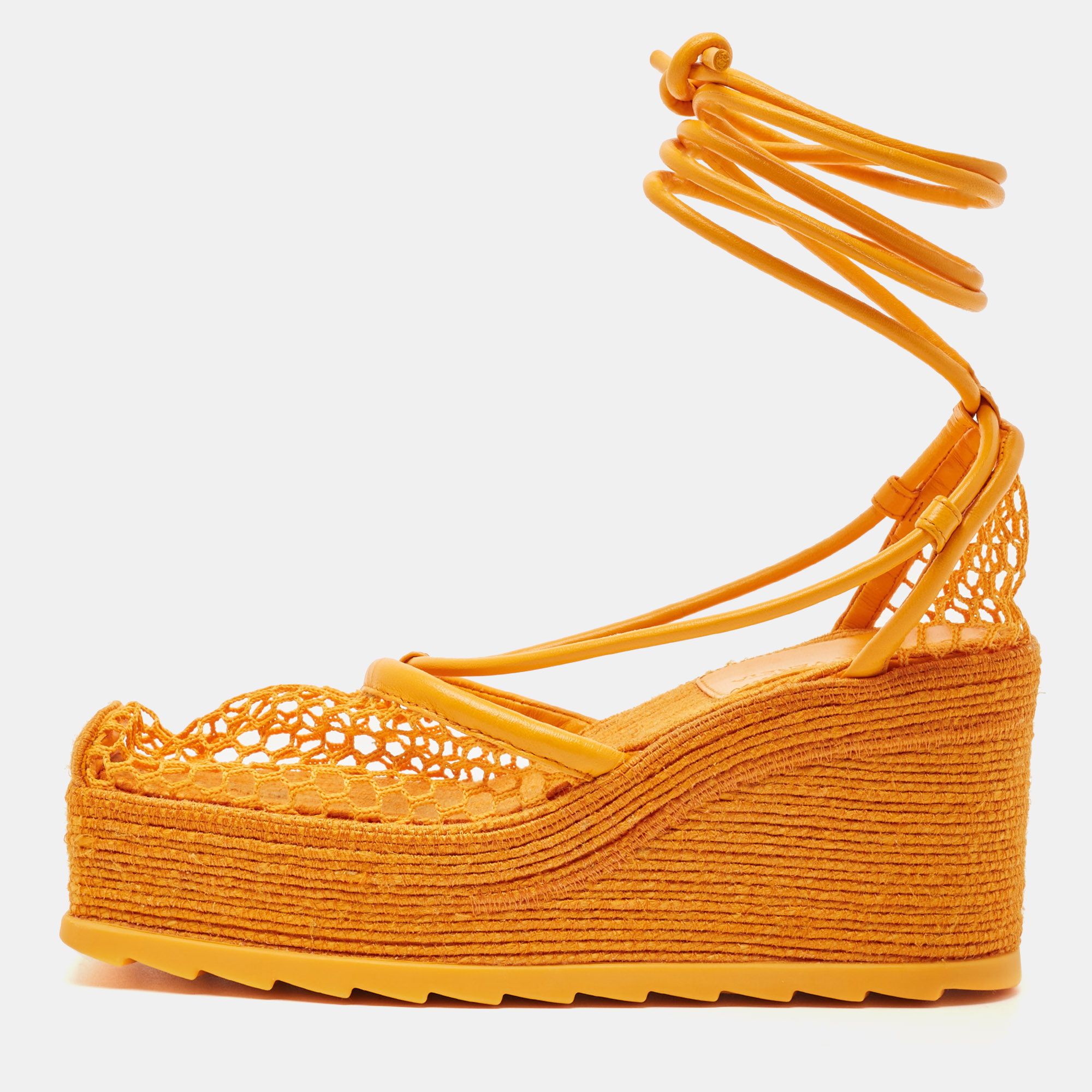 Bottega Veneta Orange Mesh and Leather Wedge Espadrilles Ankle Tie Sandals Size 36, Sandals - Luxury Closet