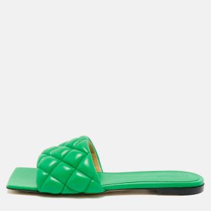 Bottega Veneta Green Intrecciato Leather Lido Flat Slides Size 37.5, Sandals - Luxury Closet