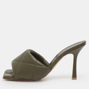 Bottega Veneta Olive Green Leather Lido Slide Sandals Size 38.5, Sandals - Luxury Closet