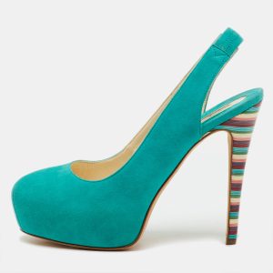 Brian Atwood Turquoise Blue Suede Platform Slingback Pumps Size 35, Pumps - Luxury Closet
