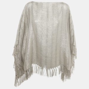 Brunello Cucinelli Beige Lurex and Linen Fringed Poncho One Size, Sweaters & Cardigans - Luxury Closet