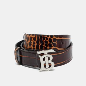 Burberry TB Buckle Belt Brown Crocodile Embossed Leather, Belt Buckles - Luxury Closet