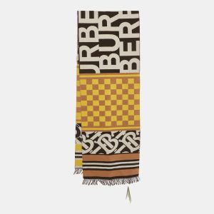 Burberry Yellow/Brown Wool Text Checkerboard Football Scarf, Scarves & Shawls - Luxury Closet