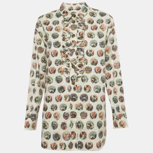 Burberry Beige Mask Print Cotton Ruffle Detail Shirt M, Shirts & Tops - Luxury Closet