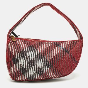 Burberry Red Check Knit Fabric Mini Baguette Bag, Shoulder Bags - Luxury Closet