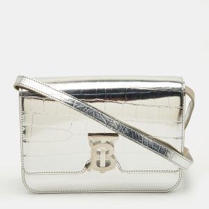 Burberry Silver Croc Embossed Patent Leather Small TB Shoulder Bag, Shoulder Bags - Luxury Closet