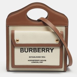 Burberry Brown/Cream Leather and Canvas Mini Pocket Tote, Tote Handbags - Luxury Closet