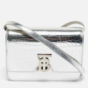 Burberry Silver Croc Embossed Patent Leather Small TB Shoulder Bag, Shoulder Bags - Luxury Closet