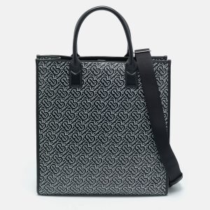 Burberry Black/White TB Logo Leather Vertical Denny Tote, Tote Handbags - Luxury Closet