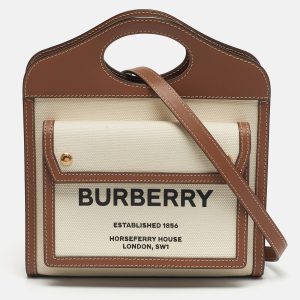 Burberry Pocket Mini Brown/Off White Leather and Canvas Tote, Tote Handbags - Luxury Closet