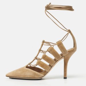Burberry Beige Velvet Bethany Ankle Wrap Pumps Size 37, Pumps - Luxury Closet