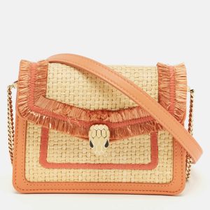 Bvlgari Beige/Peach Raffia and Leather Mini Serpenti Forever Crossbody Bag, Handbags - Luxury Closet
