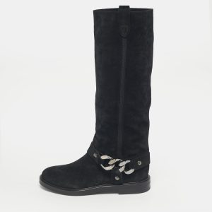 Casadei Black Suede Chain Detail Knee Length Boots Size 38.5, Boots - Luxury Closet