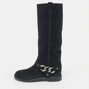 Casadei Black Suede Chain Detail Knee Length Boots Size 39, Boots - Luxury Closet