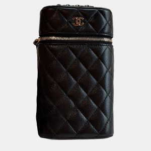 Chanel CC Vanity Black Leather Verical Phone Holder with Chain, Wallets & Money Clips - Luxury Closet