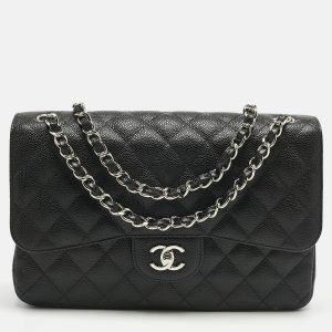 Chanel Black Quilted Caviar Leather Jumbo Classic Double Flap Bag, Shoulder Bags - Luxury Closet