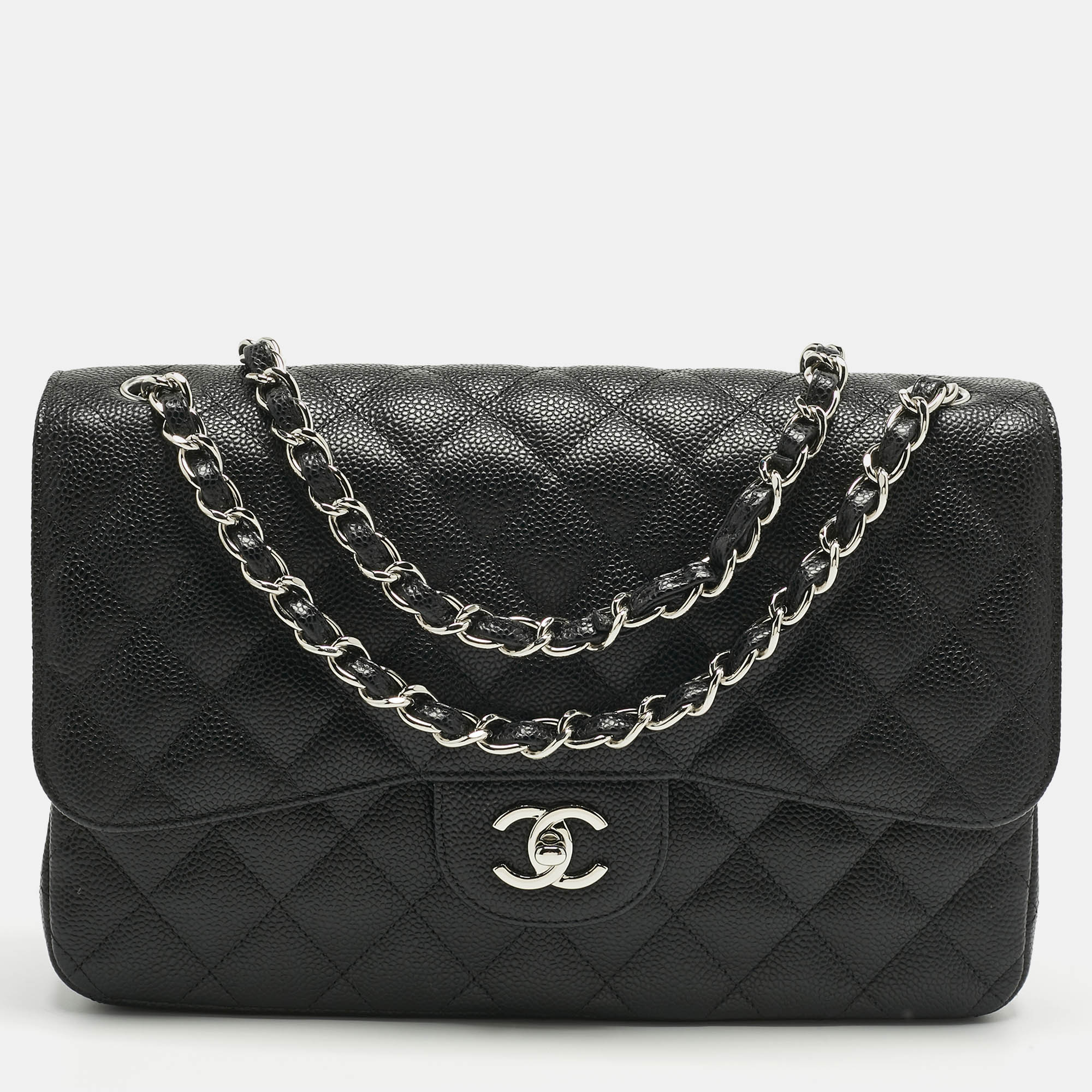Chanel Black Quilted Caviar Leather Jumbo Classic Double Flap Bag, Shoulder Bags - Luxury Closet