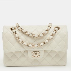 Chanel Off White Quilted Caviar Leather Small Classic Double Flap Bag, Shoulder Bags - Luxury Closet