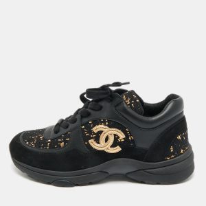 Chanel Black Leather and Tweed CC Logo Lace Up Sneakers Size 36, Athletic Shoes & Sneakers - Luxury Closet
