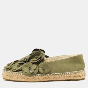Chanel Olive Green Canvas CC Camelia Espadrille Flats Size 39, Flats - Luxury Closet